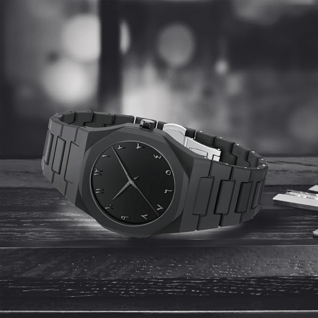 Zivaal Arabic Aura Black Date Display Watch with Arabic Numerals, Silicone Strap Stainless Steel case, Shock Resistant, Durable Lightweight Design Arabic Timepiece for Men and Women