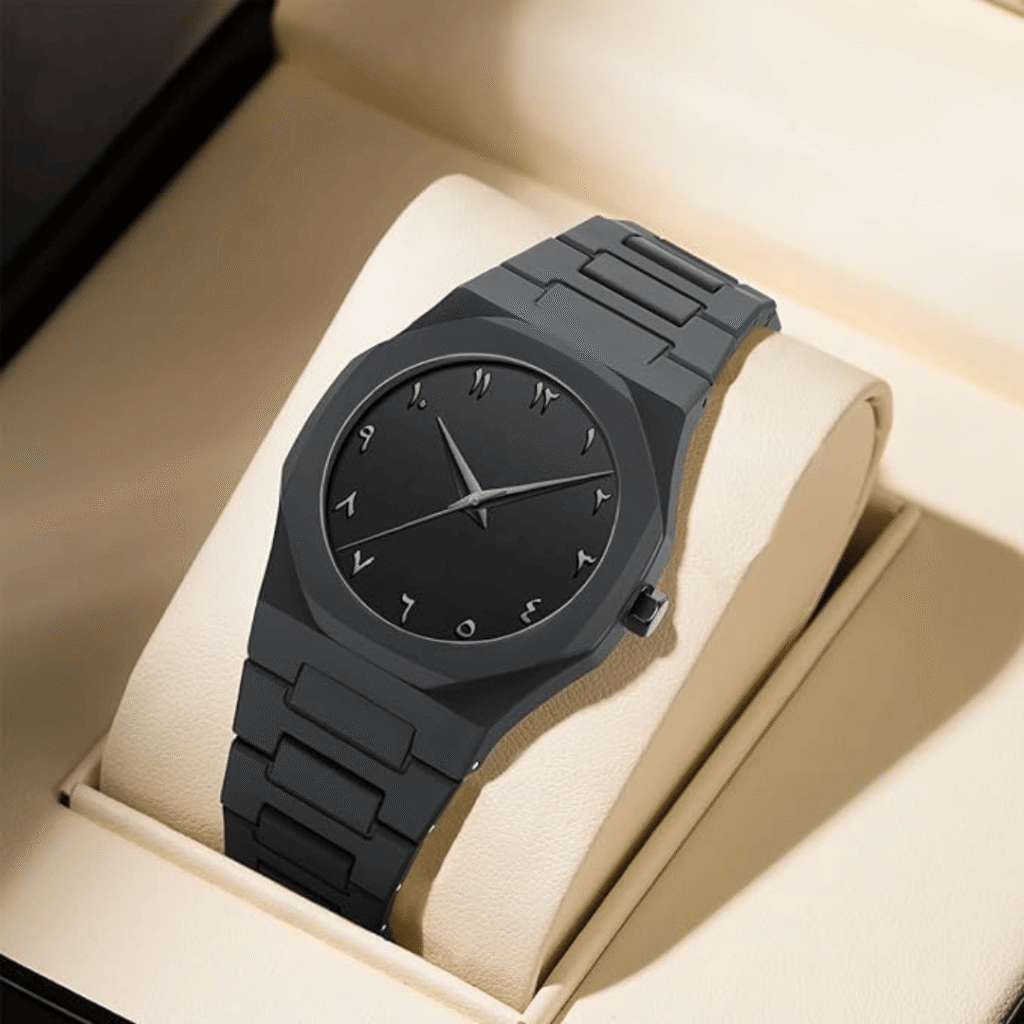 Zivaal Arabic Aura Black Date Display Watch with Arabic Numerals, Silicone Strap Stainless Steel case, Shock Resistant, Durable Lightweight Design Arabic Timepiece for Men and Women
